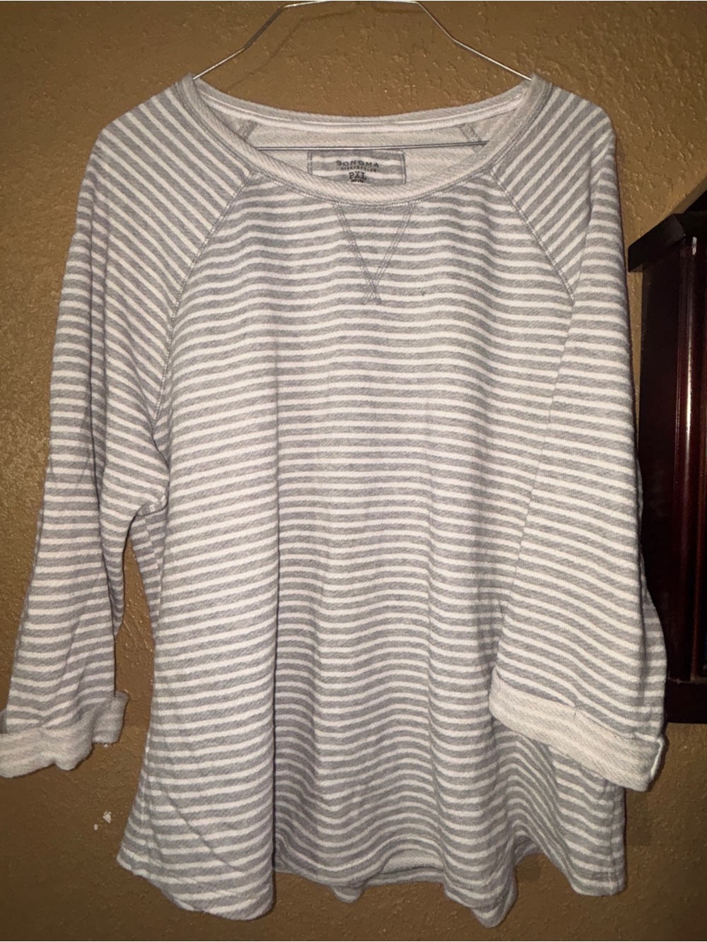 Sonoma Gray & White Striped Crewneck Sweater